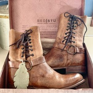 Bed Stu Cobbler Series Ellsworth Tan Rustic Lace-Up Moto Boot